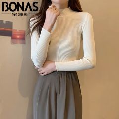 宝娜斯（BONAS）纯色半高领长袖毛衣女内搭打底衫